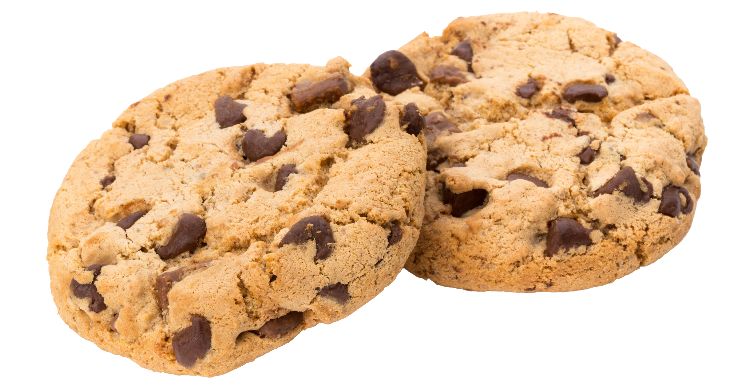 Chocolate chip cookie on white background.