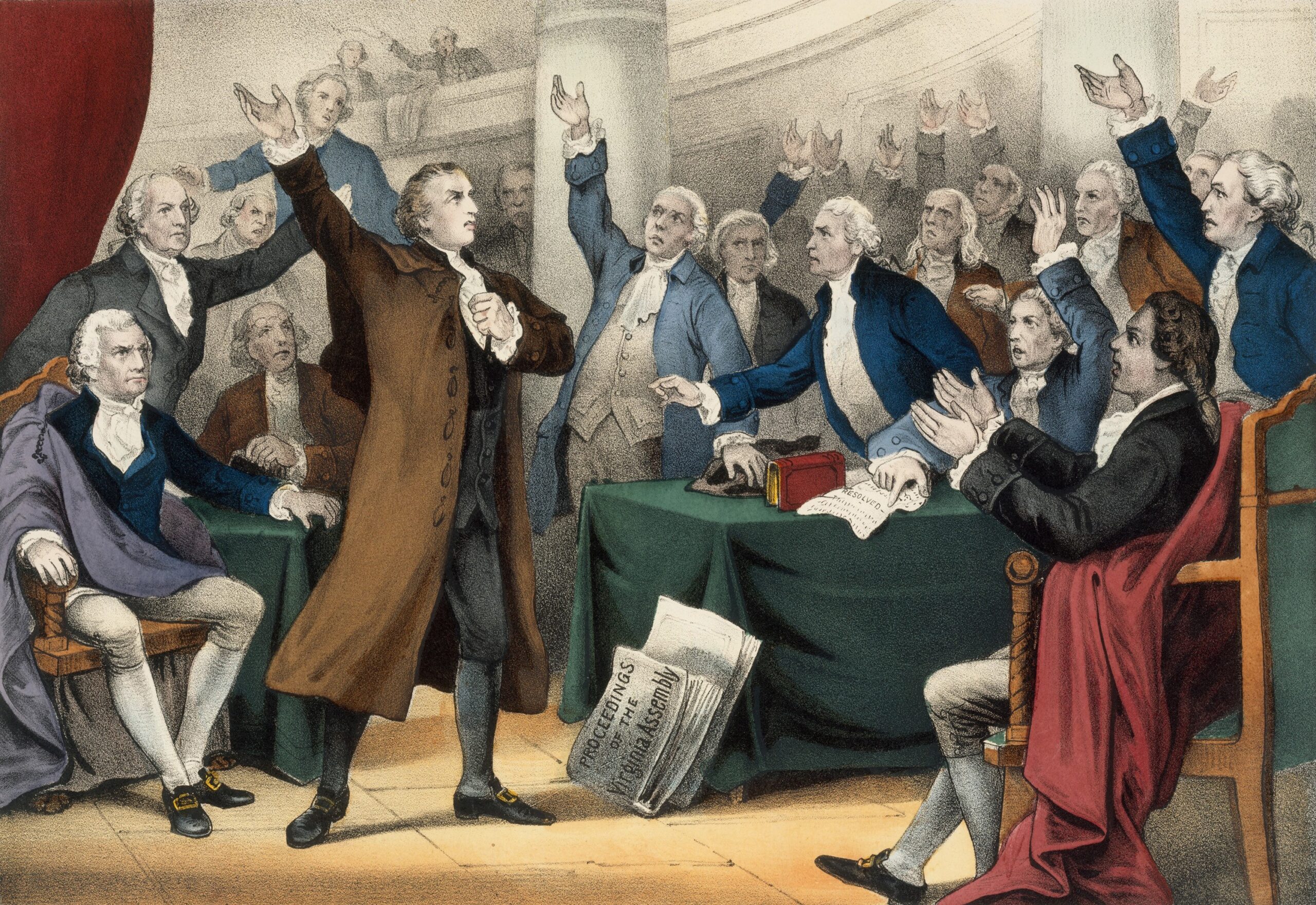 Patrick Henry delivering his great speech on the rights of the colonies, March 23, 1775. 'Give Me Liberty or Give Me Death!' was spoken before the Virginia House of Delegates, convened at Richmond. His pamphlet, 'Common Sense', 1776, was the most influential work advocating political separation from Britain (BSLOC_2019_3_68)