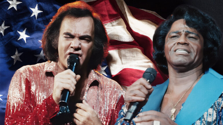 Patriotic Songs collage with Neil Diamond and James Brown