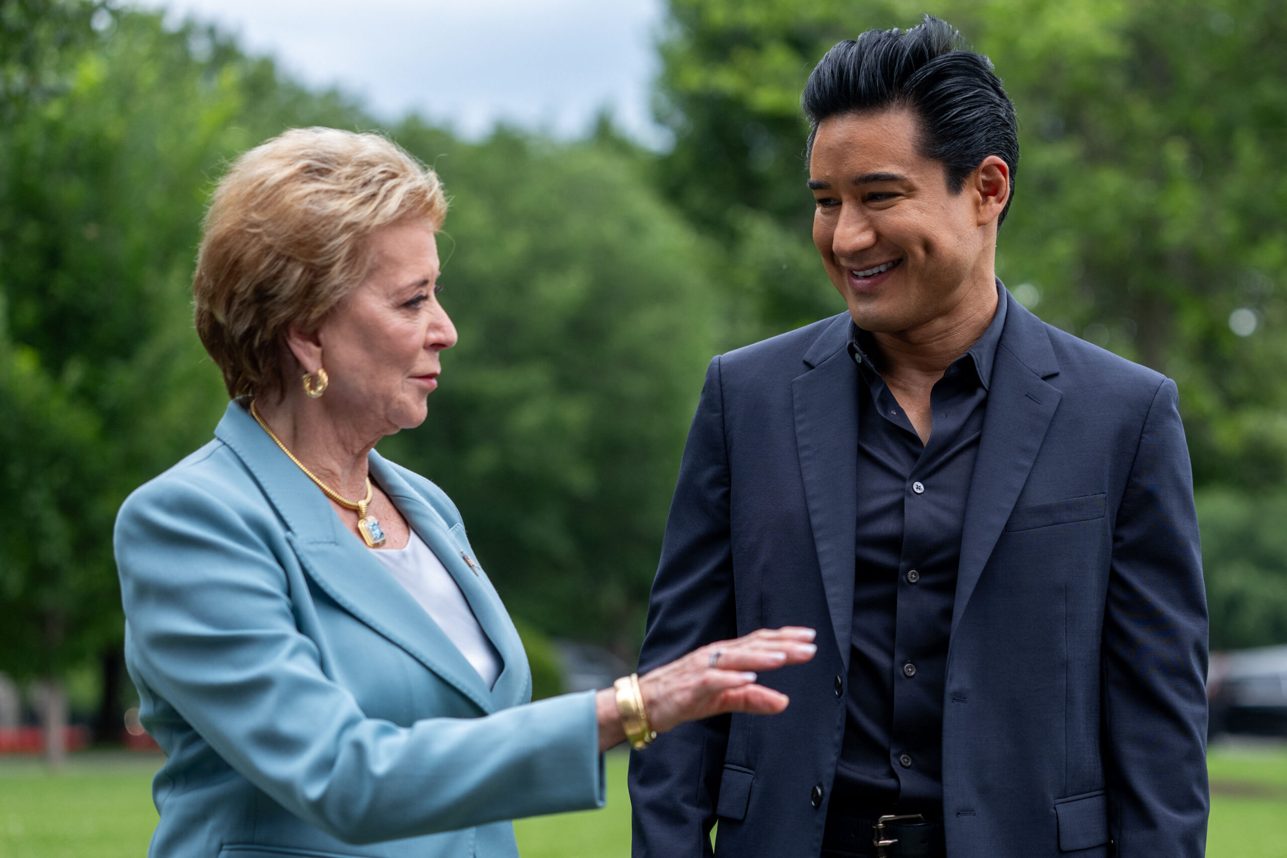 US Secretary of Education Linda McMahon and US actor Mario Lopez speak on the grounds of the White House as they welcome the top three finalists of the Presidential 1776 Awards in Washington, DC on June 10, 2026. Trump is scheduled to meet with the finalists today.