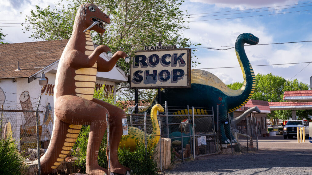 Holbrook, Arizona - May 17, 2021: Fiberglass roadside dinosaurs at the Rainbow Rock Shop along historic Route 66.