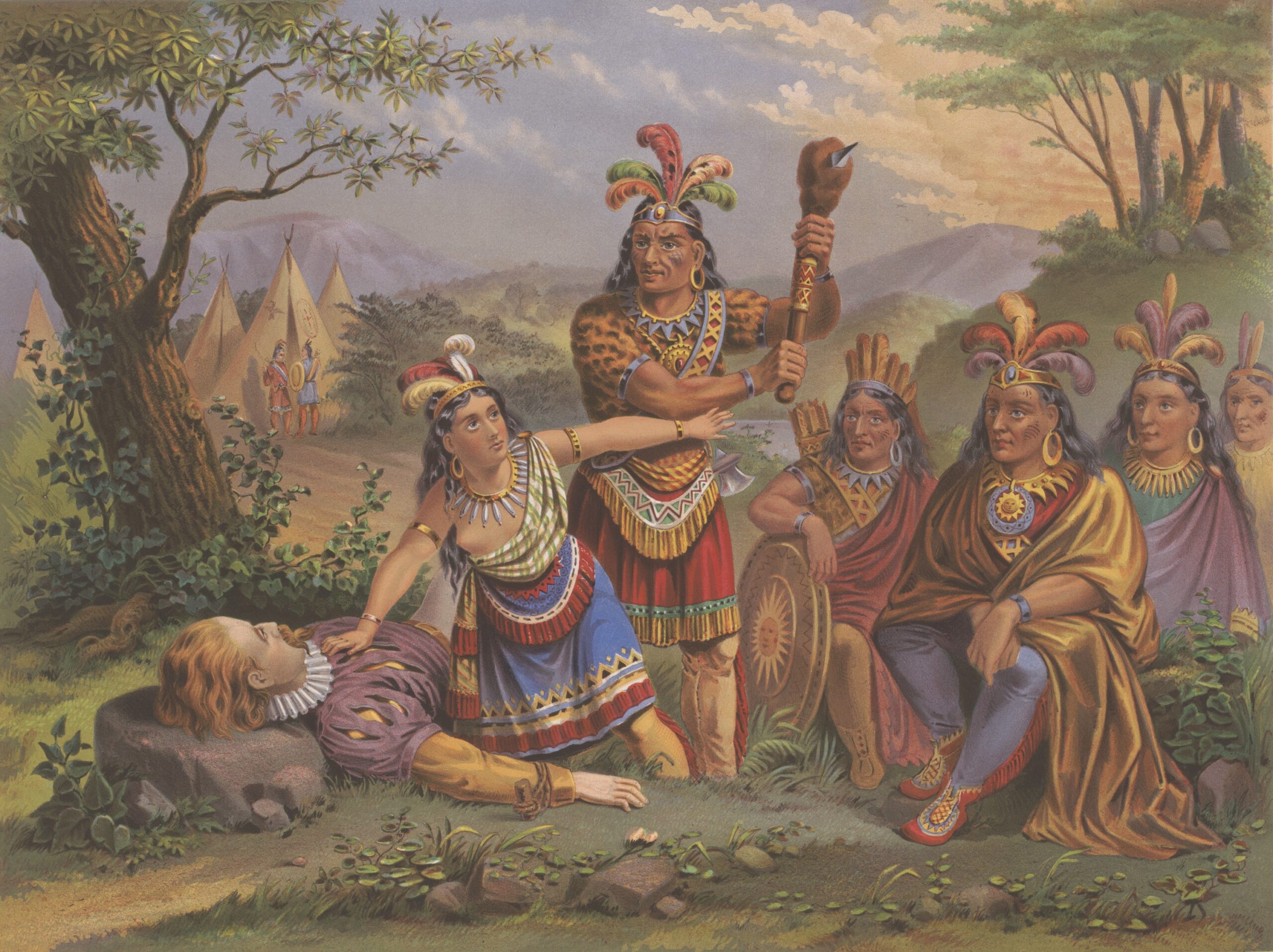 Pocahontas saving the life of Captain John Smith in 1608. The 1870 popular print was published by the New England Chromolithograph company (BSLOC_2020_1_147)