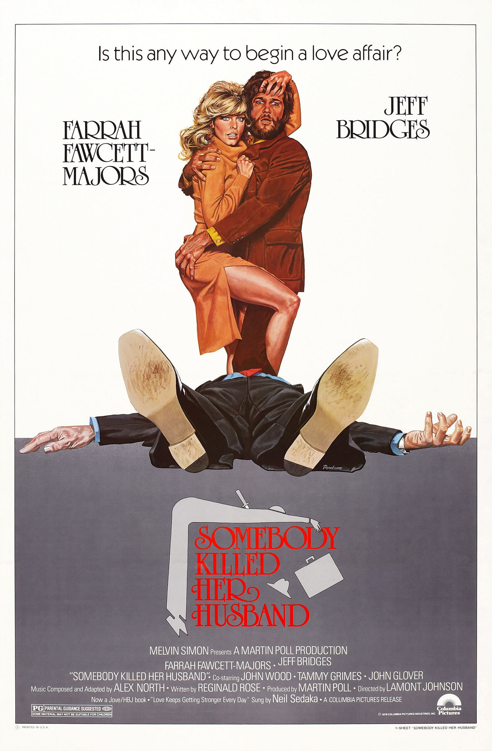 SOMEBODY KILLED HER HUSBAND, US poster art, from left: Farrah Fawcett, Jeff Bridges, 1978.