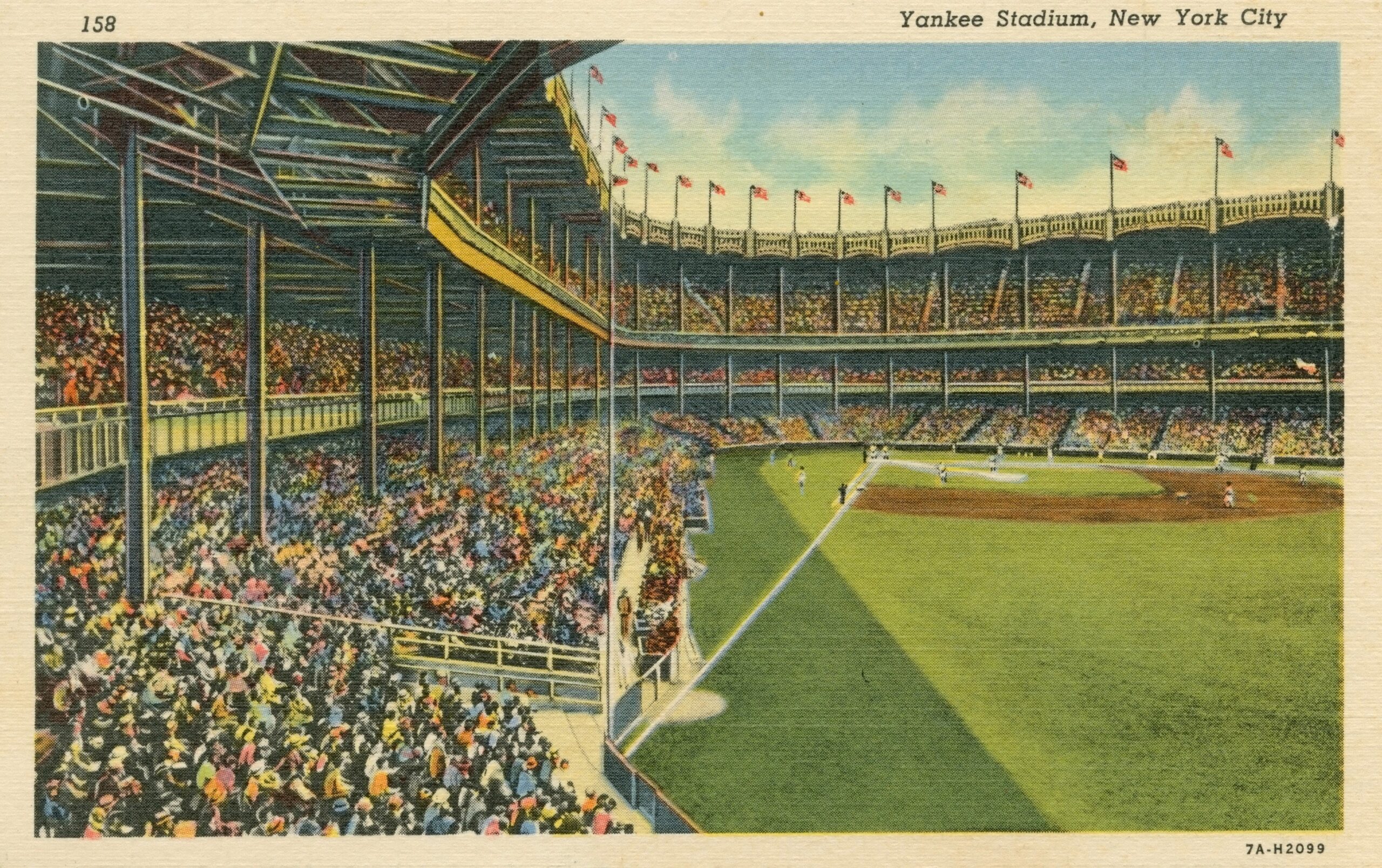 Linen postcard of a baseball game played at Yankee Stadium, ca. 1930-1940 (BSLOC_2020_2_179)