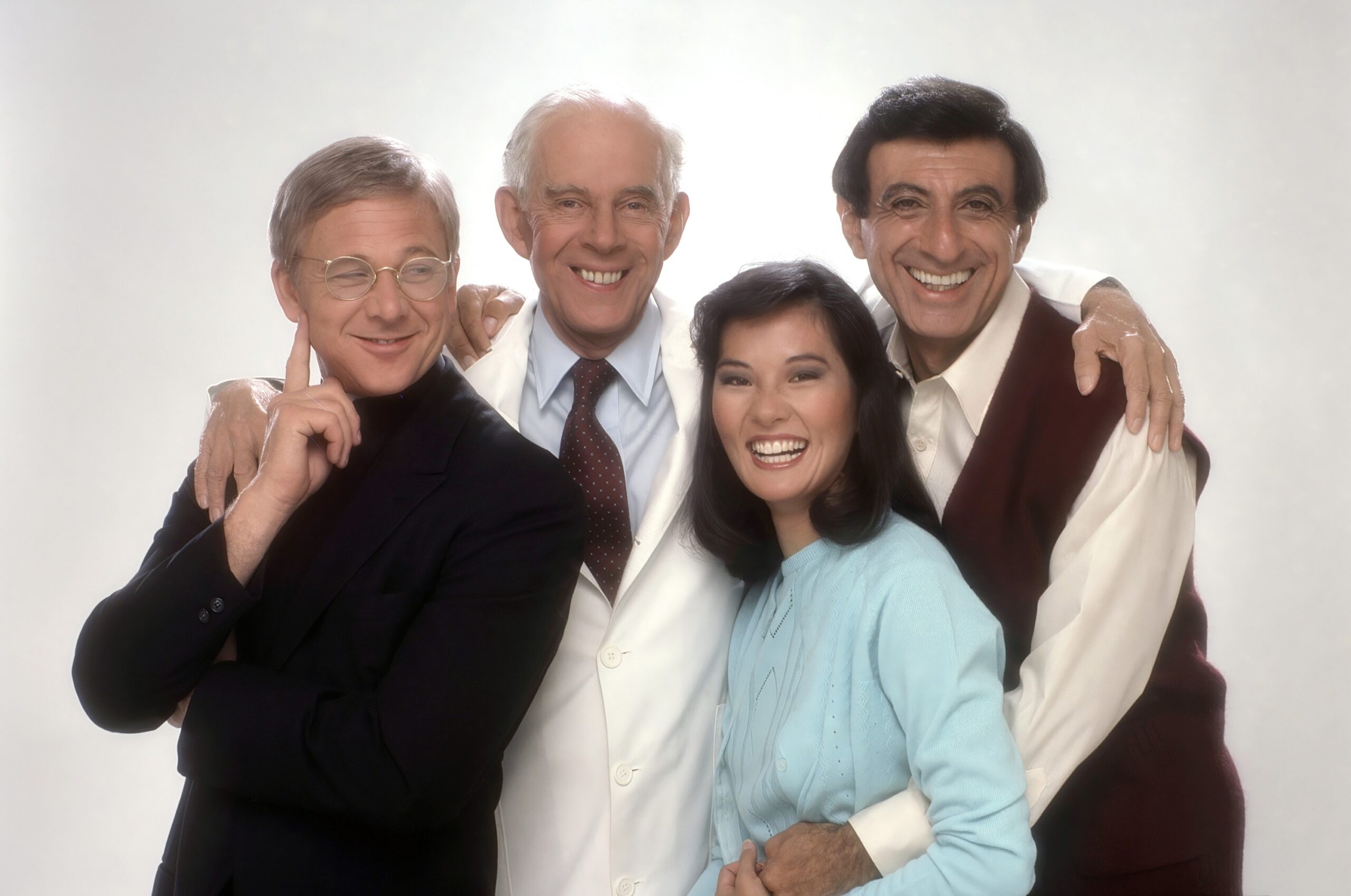 AFTER MASH, from left: William Christopher, Harry Morgan, Jamie Farr, Rosalind Chao, (1983), 1983-1985