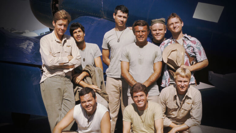 BAA BAA BLACK SHEEP, John Larroquette (back, 3rd from left), Robert Conrad (back, 3rd from right), Dirk Blocker (back, 2nd from right), Larry Manetti (bottom, center), W.K. Stratton (bottom, right), 1976-78.
