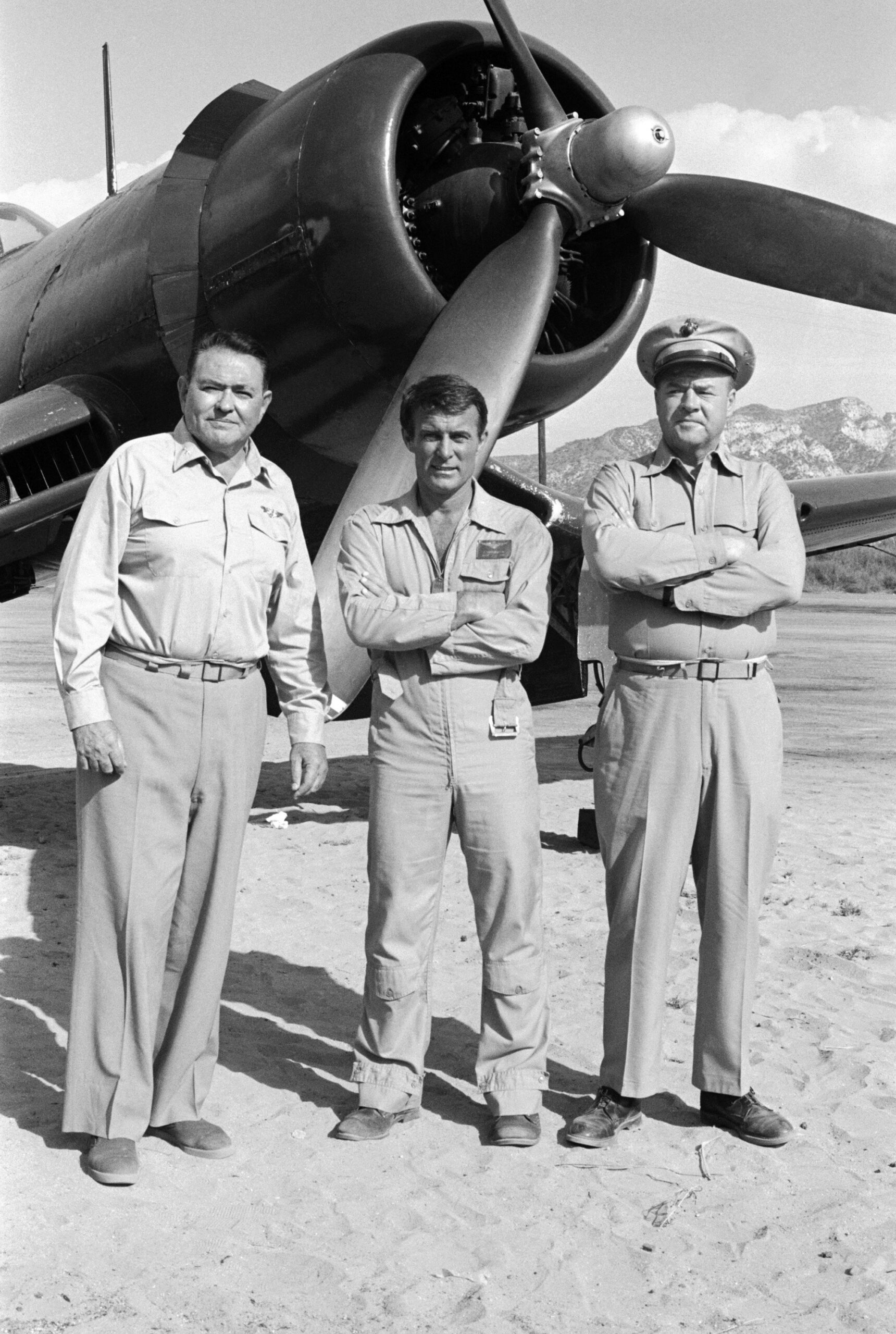 BAA BAA BLACK SHEEP -- "Divine Wind" Episode 1 -- Aired 12/14/77 -- Pictured: (l-r) Simon Oakland as Gen. Thomas Moore, Robert Conrad as Maj. Greg 'Pappy' Boyington, Dana Elcar as Col. Thomas Lard -- 