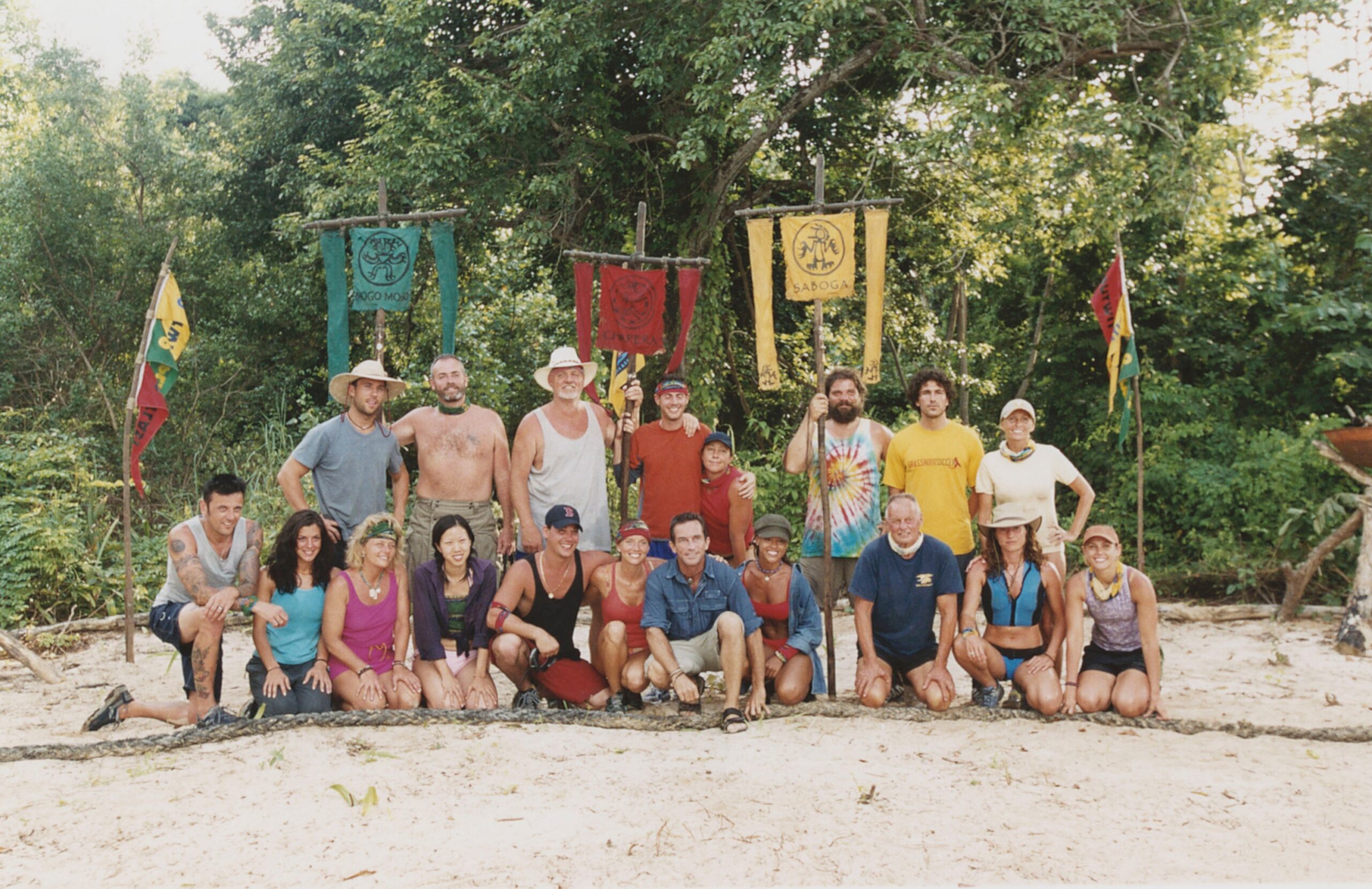 SURVIVOR, (aka SURVIVOR: ALL STARS), top, from left: contestant Colby Donaldson, contestant Richard Hatch, contestant Tom Buchanan, contestant Rob Cesternino, contestant Susan Hawk, contestant Rupert Boneham, contestant Ethan Zohn, contestant Tina Wesson; bottom: contestant Lex van den Berghe, contestant Jenna Morasca, contestant Kathy Vavrick-O'Brien, contestant Shii Ann Huang, contestant Rob Mariano, contestant Amber Brkich (winner), host Jeff Probst, contestant Alicia Calaway, contestant Rudy Boesch, contestant Jerri Manthey, contestant Jenna Lewis, (Season 8, premiered Feb. 1, 2004)