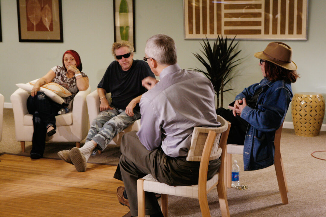 CELEBRITY REHAB WITH DR. DREW, l-r: Nikki McKibbin, Gary Busey, back to camera: Dr. Drew Pinsky, back to camera: Bob Forrest (Season 2, 2008), 2008-2012