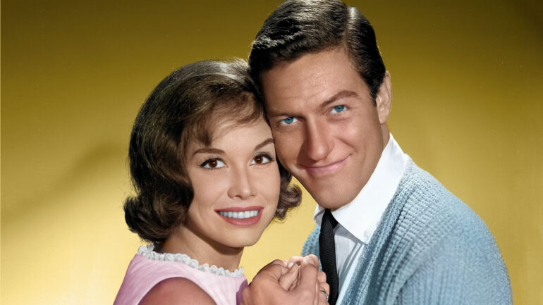 LOS ANGELES - OCTOBER 10: Mary Tyler Moore and Dick Van Dyke for The Dick Van Dyke Show. Image dated October 10, 1962. Hollywood, CA. colorized
