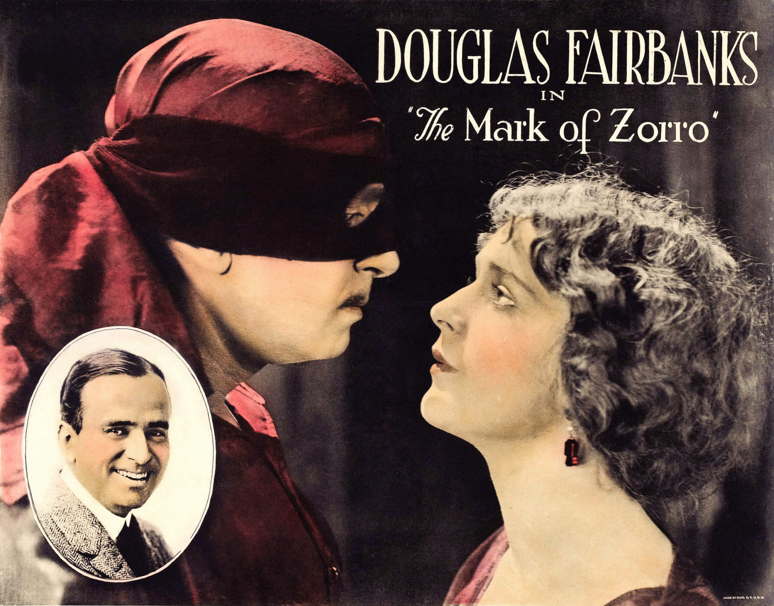 THE MARK OF ZORRO, inset and left: Douglas Fairbanks, right: Marguerite de la Motte on lobbycard, 1920.