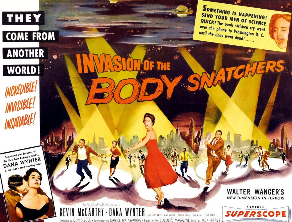 INVASION OF THE BODY SNATCHERS, Dana Wynter (center, in red dress); Kevin McCarthy (running forward, right of center); upper right: Carolyn Jones on half-sheet poster art, 1956.