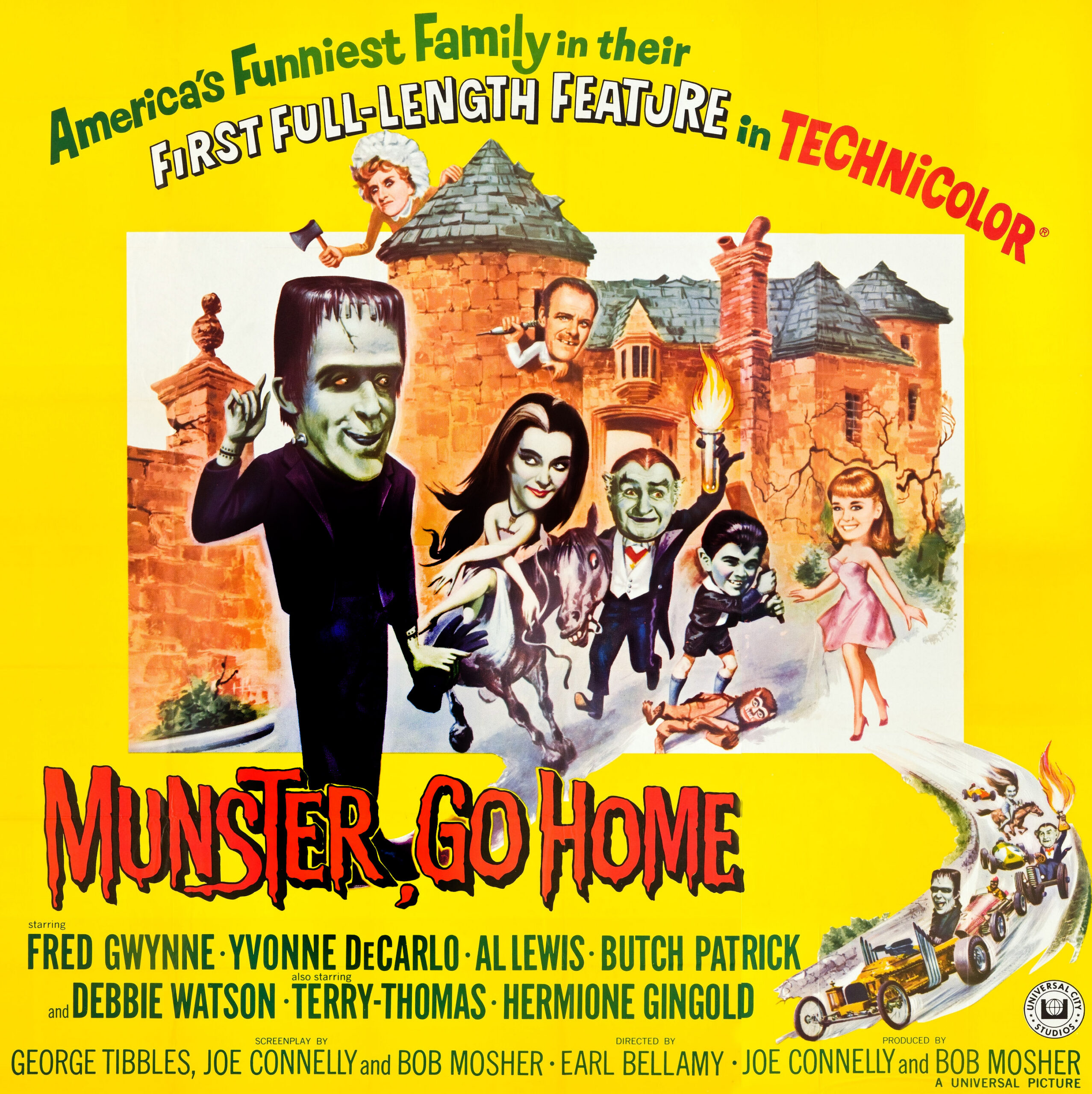 MUNSTER, GO HOME, l-r: Fred Gwynne, Hermione Gingold, Terry Thomas, Yvonne DeCarlo, Al Lewis, Butch Patrick, Debbie Watson on window card, 1966.