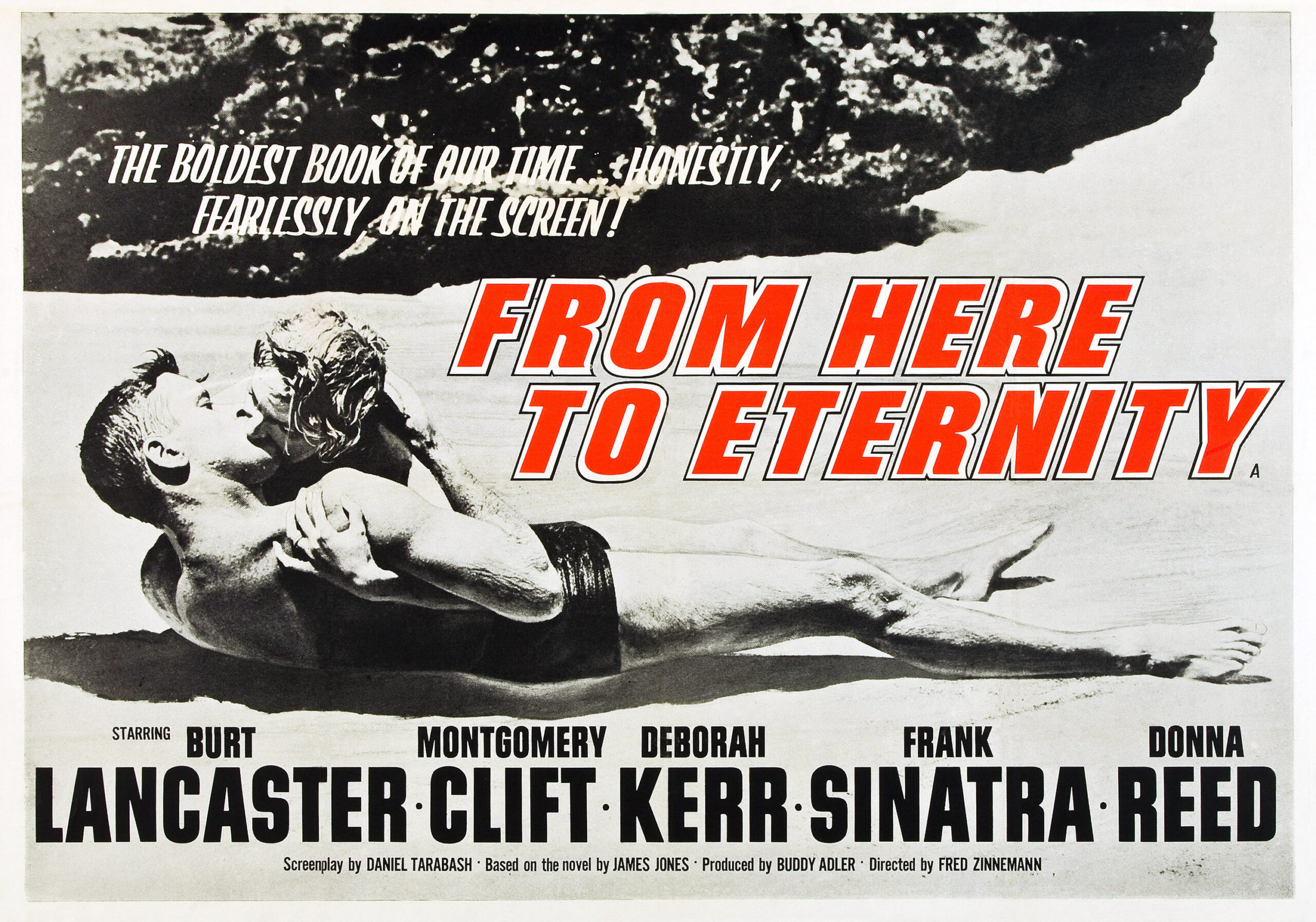 FROM HERE TO ETERNITY, l-r: Burt Lancaster, Deborah Kerr on UK poster art, 1953