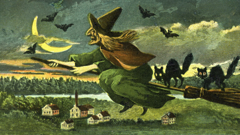 Witch on Broom with Black Cats and Bats, 