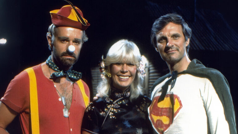 MASH, (aka M*A*S*H*), from left: Mike Farrell, Loretta Swit, Alan Alda, 'Trick or Treatment', season 11, ep. 2, aired 11/1/1982, (1972–1983).