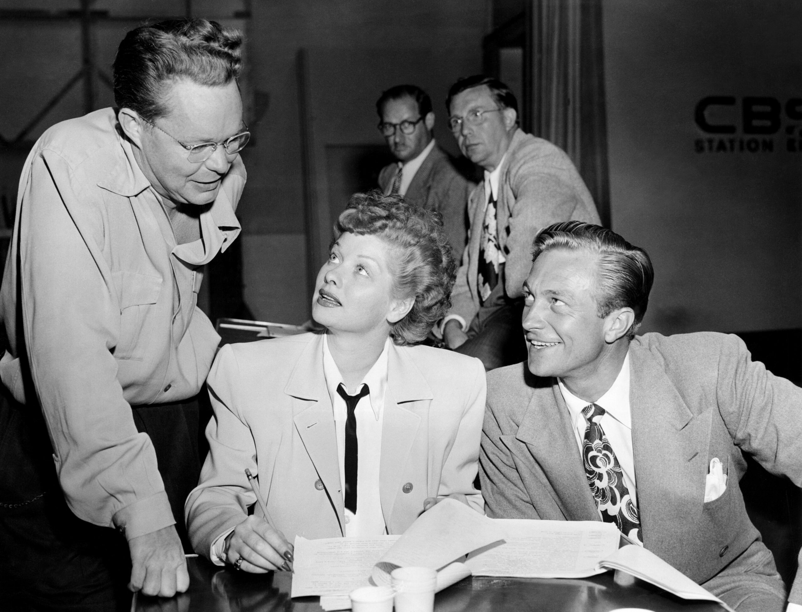 MY FAVORITE HUSBAND, (front, from left): producer Gordon Hughes, Lucille Ball, Richard Denning, (ca. 1948), 1948-51.